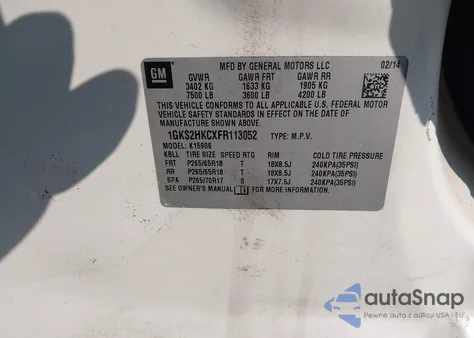 2015 GMC Yukon Xl 1500 Slt из США, поврежденный, VIN 1GKS2HKCXFR113052